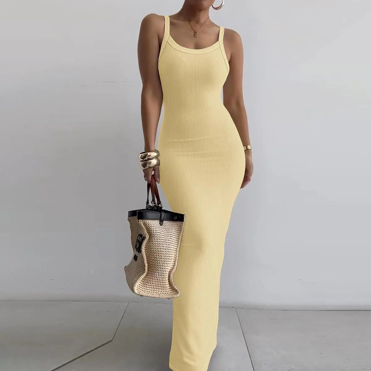 Women Spaghetti Strap U-Neck Casual Maxi Dresses Slim Fit Cami Dress/Elegant Solid Color Cami Lounge Dress Party Club  Bodycon Dress