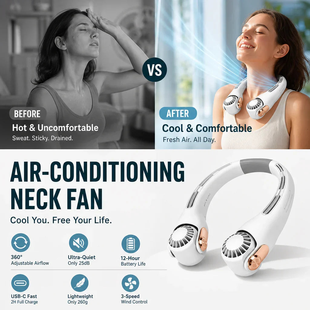🥳2026 HOT SALE🥳💞50K+ SOLD!🍃💨 50% OFF! Neck Air Conditioner Fan – Ultra‑quiet, 360° rotating, 3 speeds. Hands‑free cooling, long battery. 😎🌬️