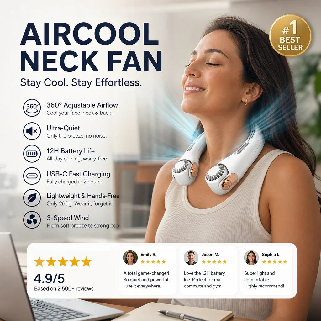 🥳2026 HOT SALE🥳💞50K+ SOLD!🍃💨 50% OFF! Neck Air Conditioner Fan – Ultra‑quiet, 360° rotating, 3 speeds. Hands‑free cooling, long battery. 😎🌬️