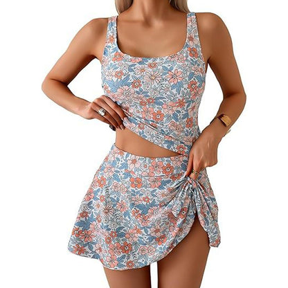 👙☀️ Tank Top & Side Tie Skirt Swimwear Set – Adjustable Straps, High Waist, Removable Pads, Flowy Cover-Up Style. Perfect For Beach, Pool & Honeymoon! 🌊💕✨